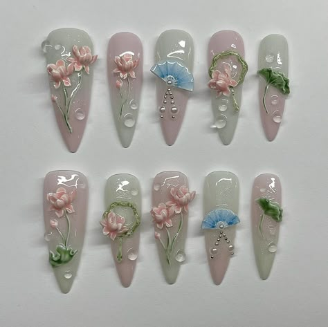 Lotus Flower Nails, Lotus Nails, Douyin Nails, Orchid Nails, Bday Nails, 3d Nail Designs, 3d Nail Art Designs, Asian Nails, Fantasy Nails