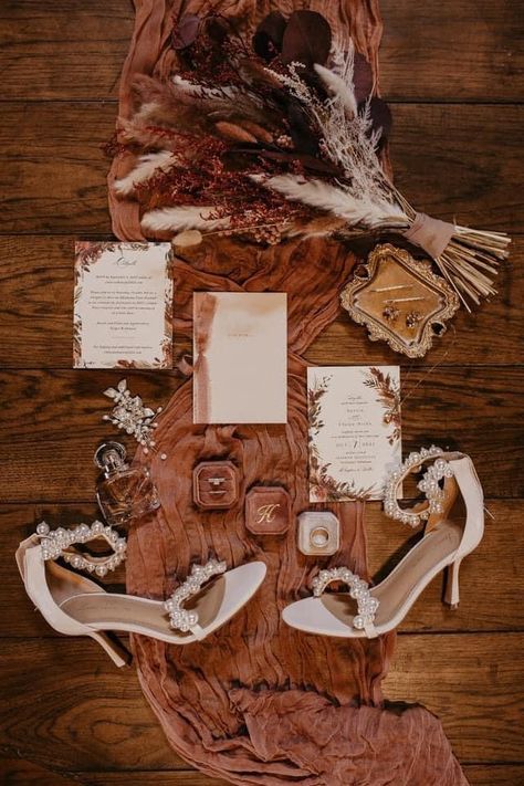 Western Wedding Bridal Bouquets, Western Detail Shots, Western Wedding Flatlay, Branding Cowhide At Wedding, Western Wedding Details Photography, Boho Wedding Detail Shots, Western Isle Decorations, Boho Wedding Details, Boho Western Wedding Invitations