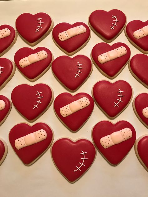 Heart surgery cookies Heart Surgery Anniversary Party, Heart Warrior Cookies, Heart Warrior First Birthday Party, Heart Warrior Cake, Heartaversary Chd Party, Chd Cookies, Heartbreaker Party, Heartiversary Party, Surgery Cookies