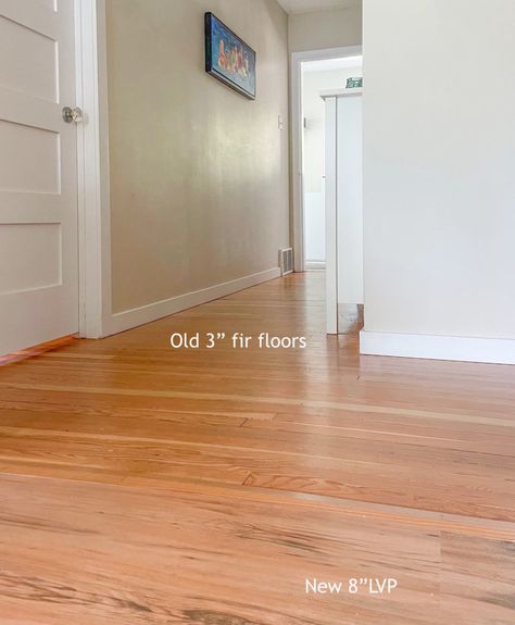 Proof that it’s Possible to Match LVP to Your Hardwood Floors Vinyl Next To Hardwood, Two Wood Floors Next To Each Other, How To Match Hardwood Floors, Lvp Flooring Next To Hardwood, Matching Hardwood And Lvp, Oak Lvp Flooring, Lvp Flooring Planks, Mixed Hardwood Floors, Old Hardwood Floors