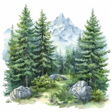 1000 Serene mountain landscape with evergreen trees, rocks, and pine forest, perfect for nature lovers and hiking enthusiasts. | Sky Rye Design Mountain Trees Drawing, Mountain And Trees Drawing, Mountains With Trees Drawing, Tree Mountain Painting, Mountain Rocks, Green Mountain Drawing, Mountain Sketch, Different Drawing Styles, Blue Canvas Art