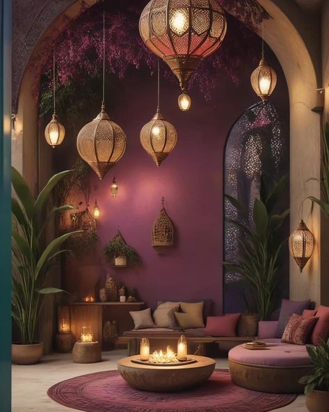 Purple And Terracotta Decor, Purple And Brown Living Room, Purple House Interior Ideas, Plum Living Room Ideas, Jewel Tone Interior Design, Mediterranean Bohemian, Mediterranean Home Interior Design, Purple Living Room Ideas, Colourful Homes