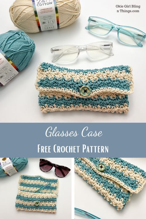 This free crochet pattern works great for both eyeglasses and sunglasses. It's a super easy & quick pattern that takes very little yarn. I used Lion Brand 24/7 Cotton Yarn to whip this project up and it turned out perfect! Crochet Patterns Using Cotton Yarn, Cotton Yarn Crochet Patterns, Crochet Cotton Yarn Projects, Crochet Glasses Case, Crochet Sunglasses, Crochet Eyeglass Cases, Eyeglass Cases Pattern, Crochet Glasses, Cotton Yarn Projects