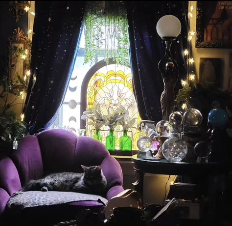 Eccentric Victorian Decor, Whimsigothic Home Living Room, Purple Whimsigothic Bedroom, Masculine Whimsigoth, Witchy Dining Room, Whimsigothic Room, Whimsigoth Living Room, Celestial Room Aesthetic, Whimsical Gothic Decor