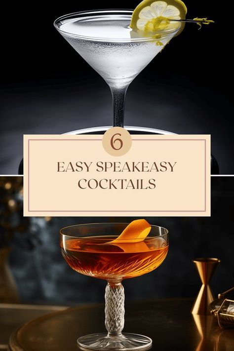 Looking to serve cocktails that have a nostalgic flair? Try these 6 easy speakeasy cocktail recipes you can whip up in no time! Discover drinks like Amber Moon, Black Cat, Prohibition, Silver Bullet, Midnight Dash, and Devil's Soul. From refreshing gin-based mixes to complex whiskey concoctions and sweet herb-infused blends, these cocktails will take you back to the prohibition era. Perfect for home entertaining or enjoying a cozy night in, watch your friends be amazed by your bartending skills! Prohibition Cocktails Speakeasy Bar, Prohibition Era Cocktails, Bootlegger Cocktail, Speakeasy Drinks Cocktails, Speakeasy Food Ideas, Diy Speakeasy, Speakeasy Drinks, Speakeasy Cocktails, Prohibition Cocktails