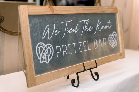 We Tied The Knot Pretzel, Brewery Wedding Decorations, Wedding Pretzels, Pretzel Bar, Winter Engagement Party, We Tied The Knot, Bar Wedding Reception, Pretzel Bars, Wedding Ceiling