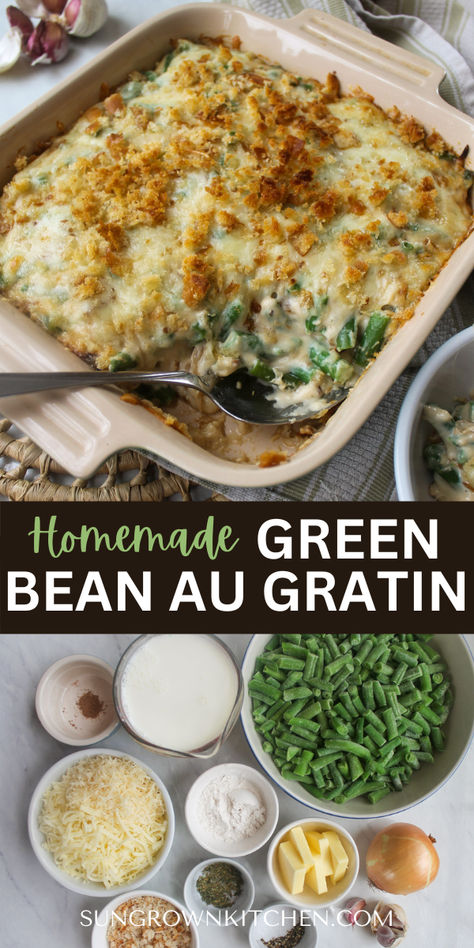 Green Bean Au Gratin is the perfect vegetable side dish for your holiday table! An all around better version of green bean casserole, with no condensed soup or mushy canned green beans! This elegant dish starts with caramelized onions and garlic in a creamy milk sauce, made easy with frozen green beans, and baked with a cheesy bread crumb crust! Greenbean Casserole Recipe Healthy, Greenbean Casserole Recipe With Fresh Green Beans, Green Bean Casserole Gourmet, Green Bean Casserole Healthy Thanksgiving Recipes, Green Bean Casserole With No Mushrooms, Green Bean Casserole No Canned Soup, Frozen Green Bean Casserole Easy, Clean Green Bean Casserole, Holiday Green Beans Recipes