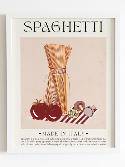 Pasta Art, Italian Posters, Italy Poster, Kitchen Artwork, Matchbook Art, Modern Food, Italy Food, Spaghetti Pasta, Modern Poster