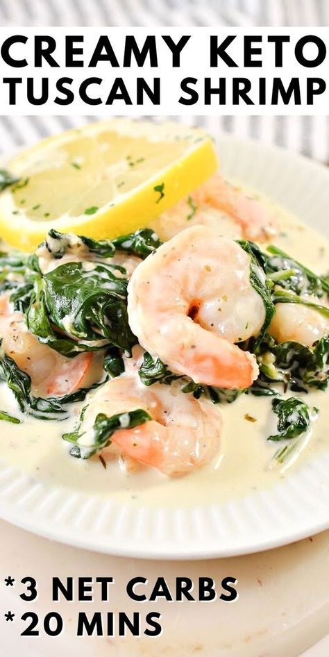 Creamy Keto Tuscan Shrimp - Delicious keto tuscan shrimp with spinach and a creamy garlic sauce. Ready in just 20 minutes and only 3 net carbs per serving! Easy dinner idea the whole family will love! #keto #Ketodiet #Ketorecipes #Ketotuscanshrimp #ketosauce #tuscanshrimp #dinner #skilletrecipes #healthyrecipes #food #recipes Keto Tuscan Shrimp And Spinach, Keto Shrimp And Spinach Recipes, Keto Creamy Tuscan Shrimp, Keto Shrimp Scampi Recipes, Keto Prawn Dinner Recipes, Keto Dinner Recipes Shrimp, Keto Tuscan Shrimp, Shrimp Scampi Recipe Healthy, Tuscan Shrimp And Spinach