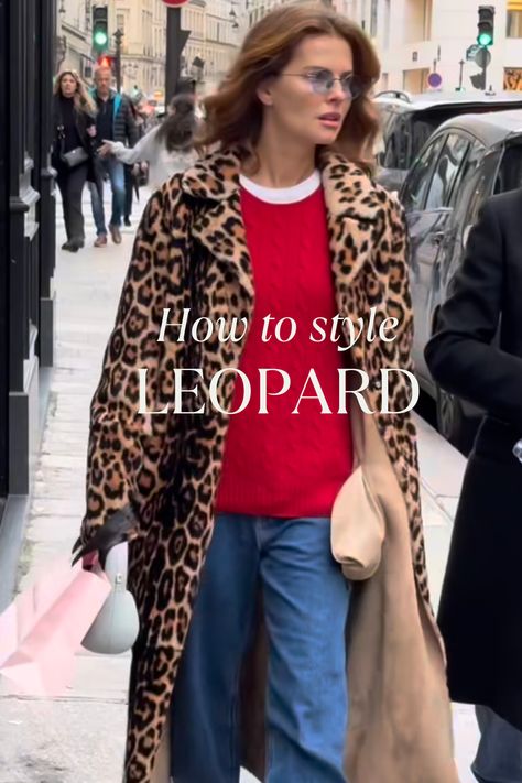 how to style leopard | leopard outfit inspo | leopard outfit aesthetic | parisian style | parisian outift | french fashion | euro style | chic style | outfit inspiration 2024 Leopard Gilet Outfit, Leopard Print Fur Coat Outfits, Leopard Print Shoes Outfit Casual, Leopard Print Outfits 2024, Wide Leg Leopard Pants Outfit, Leopard Hat Outfit, Cheetah Coat Outfit, Leopard Print Jacket Outfit, Faux Fur Coat Street Style