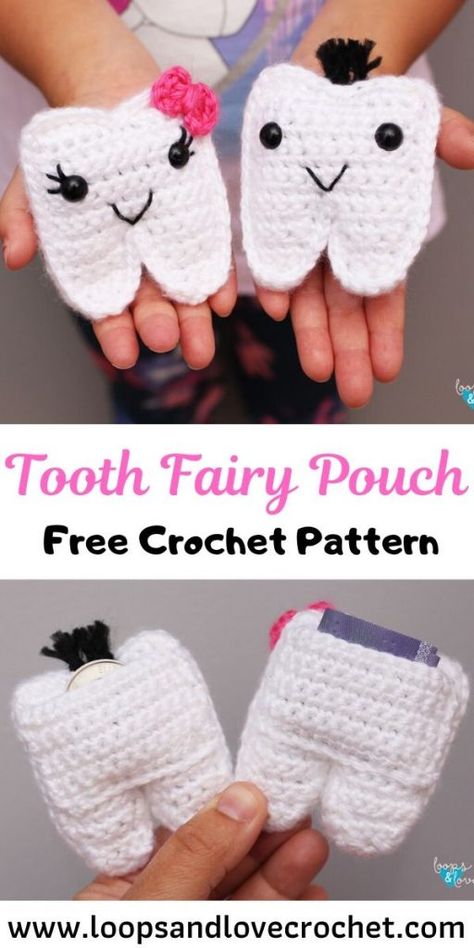 Tooth Fairy Pouch - Free Crochet Pattern Loops & Love Crochet Fairy Minecraft, Crochet Tooth Fairy, Crochet Tooth, Stars Origami, Tooth Fairy Pouch, Origami Dollar, Fairy Crochet, Flowers Origami, Origami Hearts