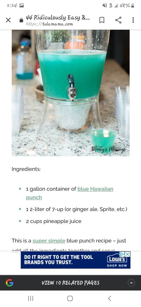 Blue Punch Alcohol, Ocean Water Drink, Blue Hawaiian Drink, Blue Punch Recipe, Nonalcoholic Party Drinks, Blue Hawaiian Punch, Hawaiian Drinks, Tiffany Themed Bridal Shower, Blue Punch