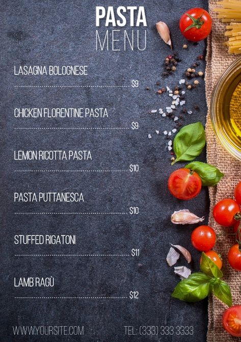 Pasta menu table A4. Spaghetti, lasagna, rigatoni... Cuztomize for your restaurant. Pasta Menu Design, Spaghetti Lasagna, Pasta Menu, Pasta Restaurants, A4 Template, Menu Table, Pizza Burgers, Ribs On Grill, Pizza Delivery