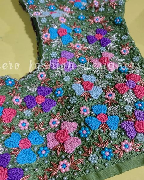 Full thread aari worked blouse Full Thread Work Blouse Designs, Floral Aari Work Designs, Thread Aari Work Designs, Thread Maggam Work Blouses, Thread Work Blouse, Aari Blouses, Worked Blouse, Work Blouse Designs, Aari Design