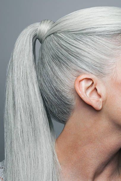 cropped shot of grey haired ponytail, profile. Grey Hair Ponytail, Hair In A Ponytail, Dark Blonde Hair Color, Long White Hair, Grey White Hair, Simple Bridesmaid Hair, Short Hair Bun, How To Curl Short Hair, Short Brown Hair