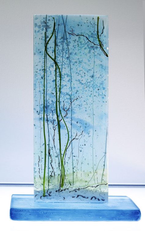 Fused glass panel with frit and stringers Glass Frit Painting, Frit Painting, Fluffy Snow, Fused Glass Panel, Fused Glass Wall Art, Art Glass Jewelry, Glass Art Pictures, Glass Fusion Ideas, Fused Glass Artwork