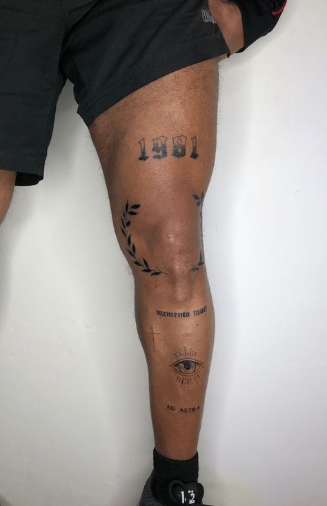 Knee Sleeve Tattoo, Knee Number Tattoo, Back Leg Tattoo Men, Wings Knee Tattoo, Tattoo Knee Men, Tattoos Around Knee, Men Knee Tattoo, Man Leg Tattoo, Men’s Thigh Tattoos