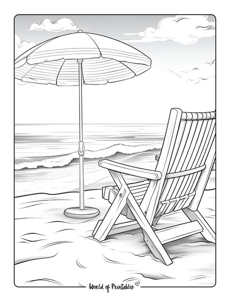 World Of Printables, Beach Coloring Pages, Chair Drawing, Penguin Coloring, Parchment Cards, Daisy Painting, Beach Themed Party, Sandy Shores, Oil Pastel Art