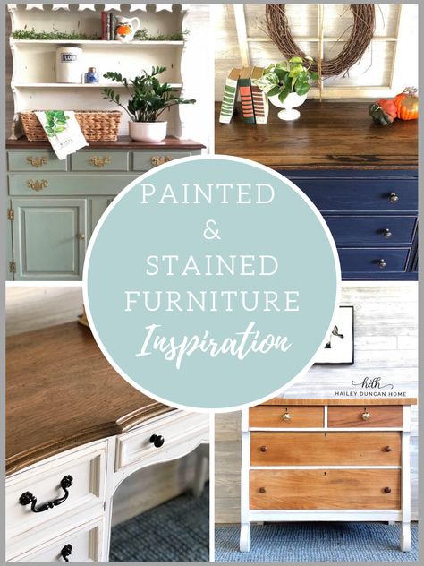 Paint and stain is a great combo to make a statement in your modern farmhouse home. Learn how to get the look, and see examples of furniture makeovers using paint and stain! #diyfurniture #farmhousefurniture Stained Furniture, Diy Furniture Makeover Projects, Cheap Furniture Makeover, Easy Furniture Makeover, Diy Furniture Makeover Ideas, Painting Wooden Furniture, Staining Furniture, Modern Farmhouse Home, Diy Garden Furniture