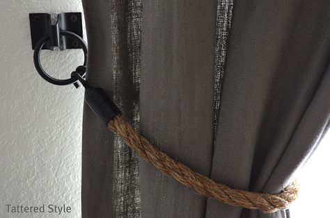 Rope Tiebacks Rope Curtain Tie Back, Rope Tie Backs, Diy Restoration Hardware, Rope Curtain, Pirate Room, Rope Decor, Burlap Curtains, Vintage Industrial Decor, Muebles Living