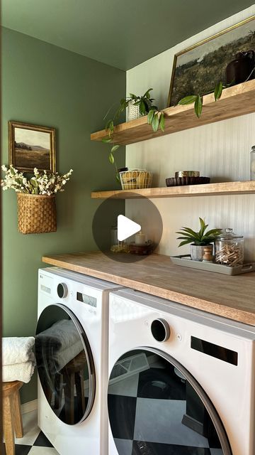 interior niche | krystine pethan on Instagram: "This is the most perfect green paint color! It pairs extremely well with any wood color as well✨

⚠️*** make sure you are following me @interiorniche otherwise ig I not let me message you first! Comment “GREEN” and all directly send you the paint name and links for our laundry room🫶🏼

.
.
#laundryroom #laundryroomdecor #laundryroomdesign #ltkhome #sherwinwilliams" Green Wall Laundry Room, Laundry Room Green Walls, Green Laundry Room Walls, Green Utility Room, Green Laundry Room Ideas, Laundry Room Color Ideas, Green Laundry Room, Laundry Room Paint, Laundry Room Colors