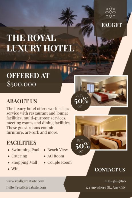 Copy of hotel promotion template Couple Room, Resort Logo, Fast Food Menu, Restaurant Flyer, Leaflet Design, Real Estate Flyers, Hotel Interior, Party Poster, Professional Logo Design