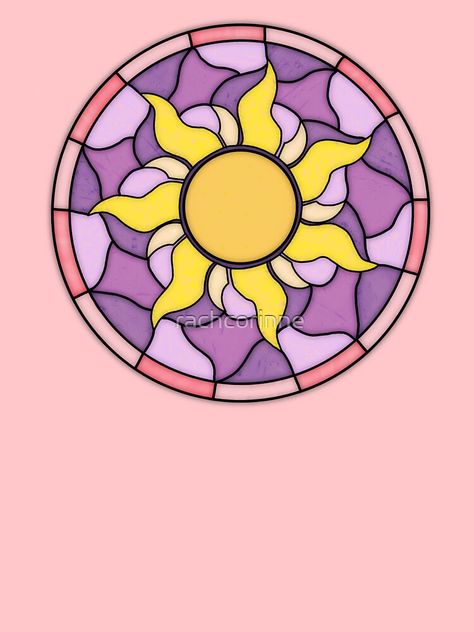 "Tangled Sun Stained Glass" T-shirt by rachcorinne | Redbubble Easy Stained Glass Painting, Repunzal Sun Drawing, Rapunzel Stained Glass Art, Tangled Stained Glass Art, Rapunzel Sun Painting, Stained Glass Drawing Easy, Beauty And The Beast Stained Glass Art, Glass Stained Art, Sun Stained Glass Art