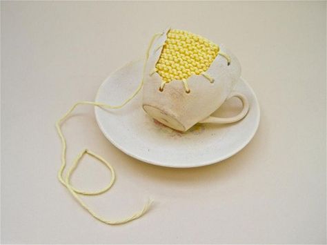 shutterhoney:  “ Knitted repairs…mixed media artist Michelle Taylor  ” Kintsugi Art, Make Do And Mend, Cerámica Ideas, Ceramic Artwork, Yellow Knit, Sculpture Installation, Ceramic Sculpture, Toffee, Art Object