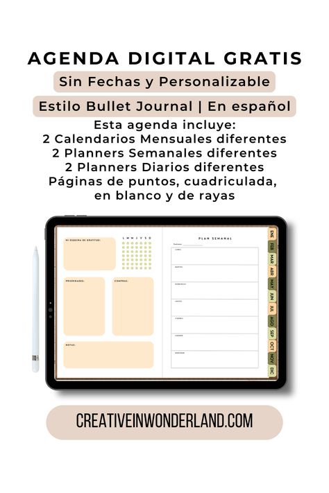 ¿Amas la libertad de personalización en tu agenda? Descarga la agenda digital gratis estilo bullet journal y utiliza cada página a tu gusto. Esta agenda incluye páginas de puntos, cuadr�ícula, blanco y rayas, además de planificadores mensuales, semanales y diarios que podrás duplicar cuantas veces quieras. ¡Obtén la tuya en creativeinwonderland.com! #AgendaDigitalGratis #BulletJournal #Personalización #cuadernodigital #AgendaDescargable Planner Setup Ideas, Agenda Digital, Digital Planner For Ipad, Girl Boss Planner, How To Stay Organized, Tracking Expenses, Planner For Ipad, Planner Writing, Planner Setup