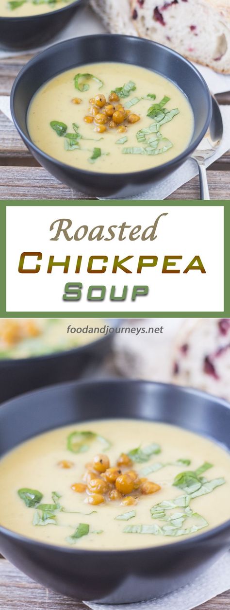 Roasted Chickpea Soup. You taste the NUTTINESS and EARTHINESS of roasted chickpeas in every spoonful of this creamy and healthy soup! Garlic Chickpea Soup, Southern Soups, Greek Chickpea Soup, Caramelized Garlic, Garlic Chickpeas, Kitchen Sanctuary, Roasted Chickpea, Greek Chickpeas, Chickpea Soup