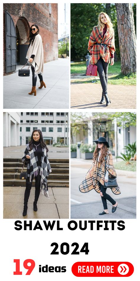 Wrap Up in Style: Shawl Outfits to Define Your 2024 Wardrobe Black Shawl Outfit Winter, Shawl Outfits Winter, Outfits With Shawls Casual, How To Style Shawl With Jeans, How To Wear A Shawl With Jeans, Blanket Shawl Outfit, How To Style A Wrap Shawl, Plaid Shawl Outfit, Pashmina Outfit Ideas