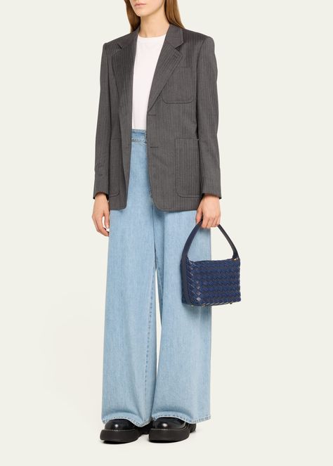 "Find BOTTEGA VENETA Mini Wallace Denim Top-handle Bag on Editorialist. Bottega Veneta \"Wallace\" top handle bag in intrecciato denim cotton and leather Adjustable top handle Zip top closure Feet protect bottom of bag Approx. 5.1\"H x 7.9\"W x 3.7\"D Made in Italy" Bottega Veneta Wallace, Indigo Bag, Denim Cotton, Handle Bag, Bergdorf Goodman, Denim Top, White Bag, Zip Top, Bago