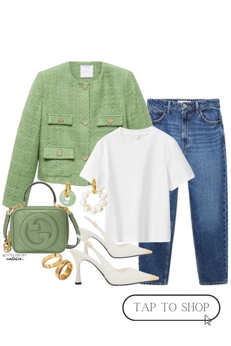 Green pocket tweed jacket, dark denim high mom jeans, clean cut white t-shirt, white slingback heels with gold toe caps, gold rings, green Gucci blondie bag & green stone & pearl earrings. Classic look, timeless outfit, old money style, casual outfits, fall outfit, autumn outfit, transitional style, old money Tweed Jacket Outfit Work, Green Tweed Jacket Outfit, White Tweed Jacket Outfit, Old Money Style Casual, Gucci Blondie Bag, White Slingback Heels, Green Bag Outfit, Old Money Casual, Casual Outfits Fall