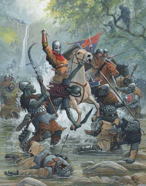 "Oathmark" Humans and Orcs battle Along the River. Artist Mark Stacey. Scifi Fantasy Art, Lotr Art, Empire Romain, Fantasy Battle, Knight Art, Fantasy Concept Art, Warhammer Fantasy, Fantasy Warrior, Arte Fantasy