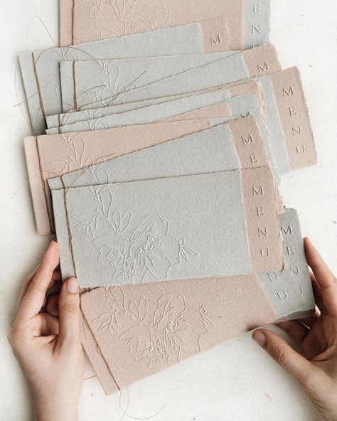 Papira® | Alexandra Timita on Instagram: “Modern and minimalist, these bespoke blind embossed handmade paper wedding menus are probably our favorites of the season. It is always a…” Wedding Graphic Design, Aesthetic Layout, Blind Embossing, Invitations Design, Landscape Modern, Premium Business Cards, Stationery Packaging, Handmade Packaging, Luxury Stationery