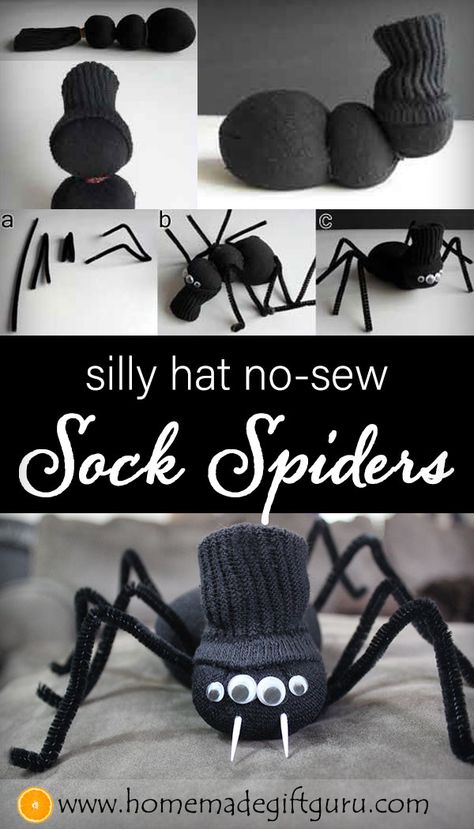 DIY Halloween sock spiders make quirky cute homemade gifts, silly Halloween party decorations and fun craft projects! #nosew #halloweencrafts #sockcrafts #sockanimals #quirky #easy #silly Halloween Sock Puppets, No Sew Sock Crafts, Halloween Toys Diy, Sock Ghosts Craft, Halloween Sock Crafts, Sock Ghost, Halloween Diy Gifts, Glove Animals, Spider Puppet