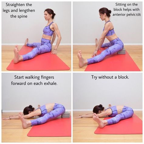 How do you do a forward bend wide angle? Press your legs and sitting bones down, and lengthen up through your spine. With a long spine, bend from the hips. Place your hands between your legs on the floor, and slowly exhale as you start to walk your hands forwards. Maintain length along the front of your body as you come further into the forward bend. Upavistha Konasana, Seated Forward Bend, Forward Bend, Body Slam, Pelvic Tilt, Forward Fold, Stretches For Flexibility, Online Yoga Classes, Yoga Motivation