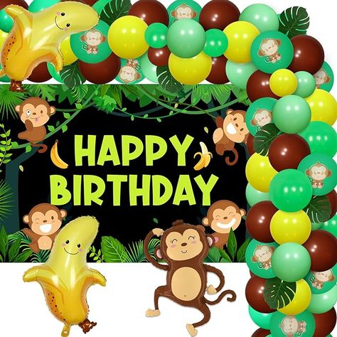 Amazon.com: Monkey Birthday Party Decorations - Jungle Safari Balloon Garland Arch Kit with Happy Birthday Backdrop, Monkey Banana Foil Balloons, Artificial Tropical Palm Leaves for Baby Birthday Party Supplies : Toys & Games Monkey Party Decorations, Safari Balloon Garland, Monkey Birthday Party, Safari Balloon, Monkey Birthday Parties, Monkey Banana, Happy Birthday Backdrop, Monkey And Banana, Monkey Birthday