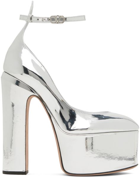 Sliver Heels, Silver Platform Shoes, Homecoming Inspo, Silver Platform Heels, Dress Reference, Valentino Heels, Silver Platforms, Silver High Heels, Valentino Garavani Shoes