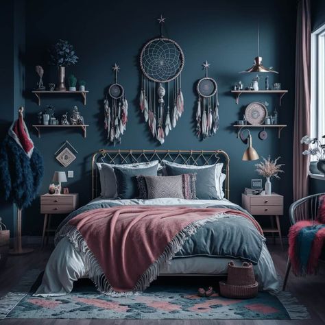 13 Dark Boho Bedroom Ideas That Will Inspire Your Next Redecorating Project 13 Dark Boho Bedroom Ideas, Dark Blue Bedroom Walls, Blue Girls Rooms, Dark Boho Bedroom, Bedroom Ideas Creative, Dark Blue Bedroom, Bold Bohemian, Cozy Eclectic, Dark Blue Bedrooms