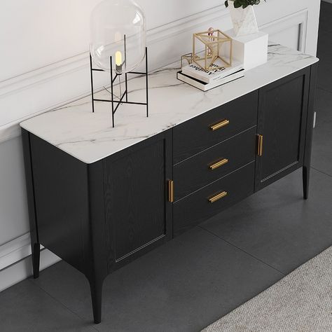 Modern Black Faux Marble Top 47"/63" Sideboard Buffet with Drawers & 2 Doors Kitchen Cabinet Gold Pull Dining Room Sideboard Ideas Modern, Marble Buffet Table, How To Style A Sideboard, Buffet With Marble Top, Bachelorette House, Black Buffet Table, Entryway Sideboard, Modern Black Sideboard, Black Buffet Sideboard