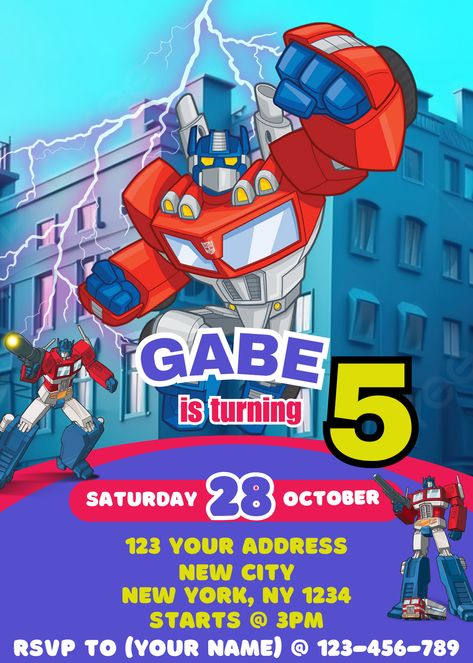 Transformers Optimus Prime editable birthday invitation Optimus Prime Birthday Invitations, Block Birthday Party, Transformer Birthday, Rescue Bots, Transformers Optimus Prime, Transformers Optimus, Optimus Prime, Birthday Theme, Transformers