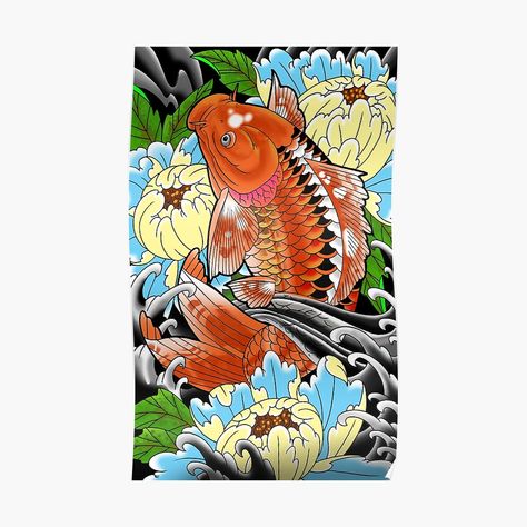 "Orenji Koi and peony" Poster by ColorTime | Redbubble American Neo Traditional Tattoo, Peony Poster, Koi Tattoo Sleeve, Tattoo Prints, Tattoo Poster, Peonies Art Print, Framed Tattoo, Tattoo Posters, Peony Art