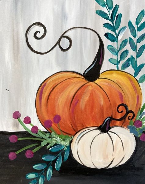 Painting Ideas Pumpkin Canvas, Thanksgiving Paintings Easy, Fall Wine And Canvas Ideas, Fall Paint Ideas On Canvas, Fall Decor Painting Ideas, Easy Fall Scenes To Paint, Autumn Paint Night Ideas, Whimsical Fall Paintings, Pumpkin Fall Painting