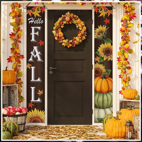 Fzbali Hello Fall Porch Banner Sign, Maple Sunflower Front Door Decorative Hanging Welcome Banner Flag, Autumn Pumpkins Rustic Seasonal Farmhouse Thanksgiving Decoration Home Outdoor Decor Outdoor Fall Decor Ideas, Sunflower Party, Thanksgiving Banner, Fall Banner, Porch Welcome Sign, Vintage Thanksgiving, Hanging Banner, Fall Outdoor Decor, Fall Door