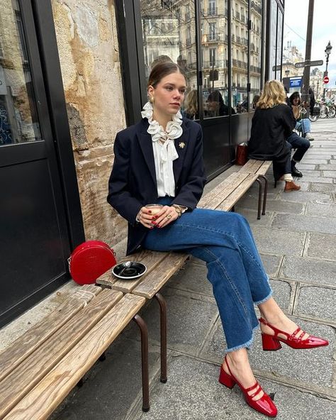 Elodie Romy on Instagram: "My new favorites ( & your favorites ) red shoes + my favorite coffee + my current favorite blouse hihi ❤️ . . #redshoes #maryjaneshoes #effortlesschic #parisianchic effortless chic outfits for winter spring red Mary Jane shoes babies look Paris Parisian coffee" Trending Spring Outfits, Shoes Outfit Ideas, Mary Jane Outfit, Mary Janes Outfit, Red Shoes Outfit, Mary Jane Shoes Outfit, Effortless Chic Outfits, Red Mary Jane Shoes, Shoes Outfit