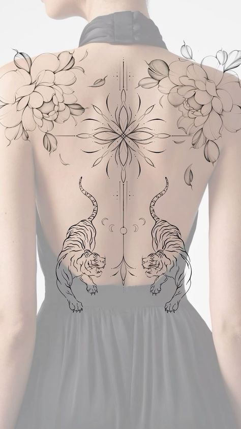 Womens Fine Line Back Tattoo, All Back Tattoo Women, Fine Line Full Back Tattoo, Large Ornamental Tattoo, Lower Back Ornamental Tattoo, Feminine Upper Back Tattoos, Spine Ornamental Tattoo, Back Tattoos Mandala, Back Pieces For Women Tattoo