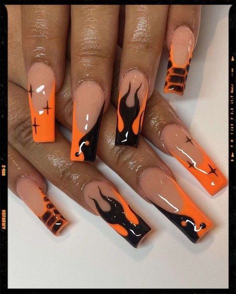 Nails Halloween Orange And Black, Halloween Red Acrylic Nails, Pink Orange And Black Nails, Orange Flames Nails, Black And Orange Flame Nails, Fall Nails Orange And Black, Fall Flame Nails, Orange Flame Acrylic Nails, How To Flame Nails