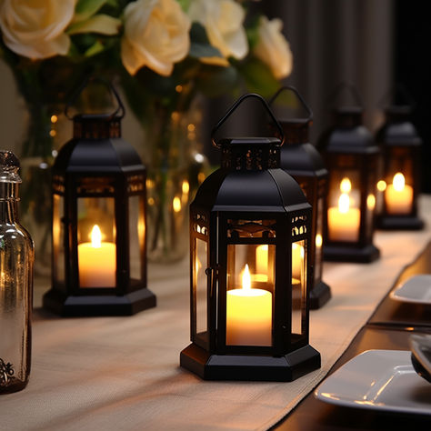 Enchanting Glow: Mini Lanterns with LED Candles for Wedding Elegance Halloween Decorations Wedding, Decor For Halloween, Mini Lanterns, Lantern Candle Decor, Black Lantern, Reception Tables, Beacon Of Light, Led Candle, Decorations Wedding