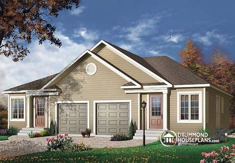 House plan W6014A by drummondhouseplans.com Ranch Duplex With Garage, Small Duplex House Plans, Duplex Condo, Duplex Ideas, Duplex Floor Plans, Drummond House Plans, Duplex Plans, Duplex Design, Income Property